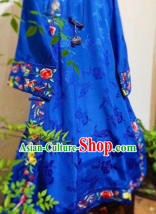 Chinese Mandarin Qipao Dress Traditional Royalblue Silk Cheongsam National Embroidered Clothing