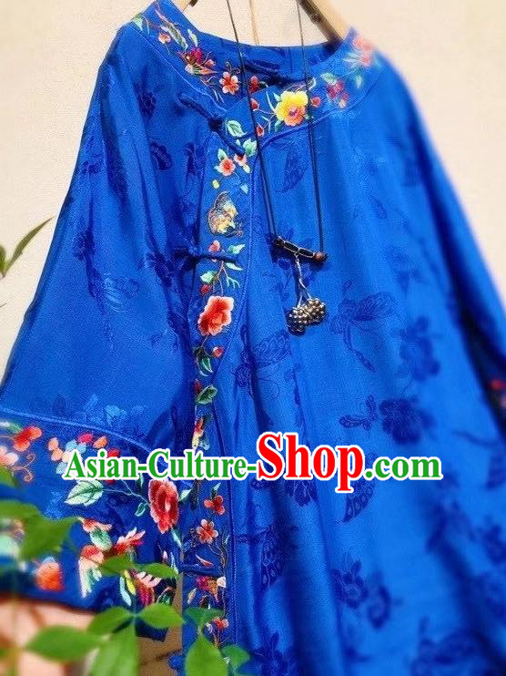 Chinese Mandarin Qipao Dress Traditional Royalblue Silk Cheongsam National Embroidered Clothing