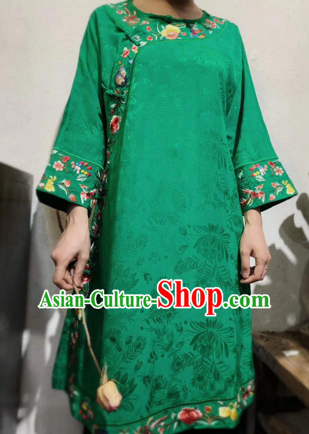 Chinese National Embroidered Clothing Mandarin Qipao Dress Traditional Green Silk Cheongsam