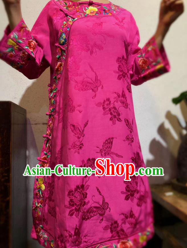 Chinese National Rosy Silk Cheongsam Traditional Clothing Embroidered Mandarin Qipao Dress