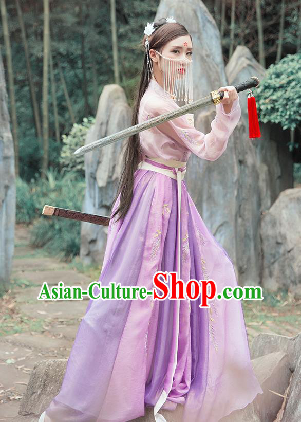 China Ancient Female Swordsman Hanfu Clothing Traditional Ming Dynasty Chivalrous Lady Purple Dress