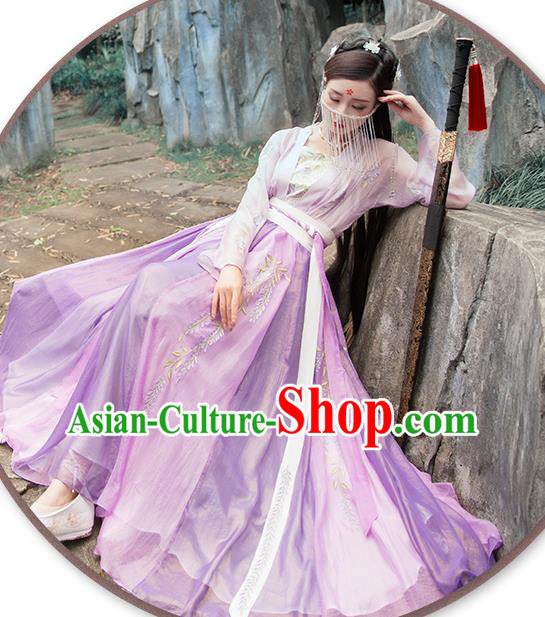 China Ancient Female Swordsman Hanfu Clothing Traditional Ming Dynasty Chivalrous Lady Purple Dress