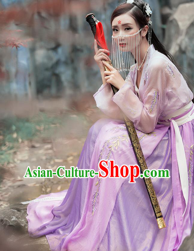 China Ancient Female Swordsman Hanfu Clothing Traditional Ming Dynasty Chivalrous Lady Purple Dress