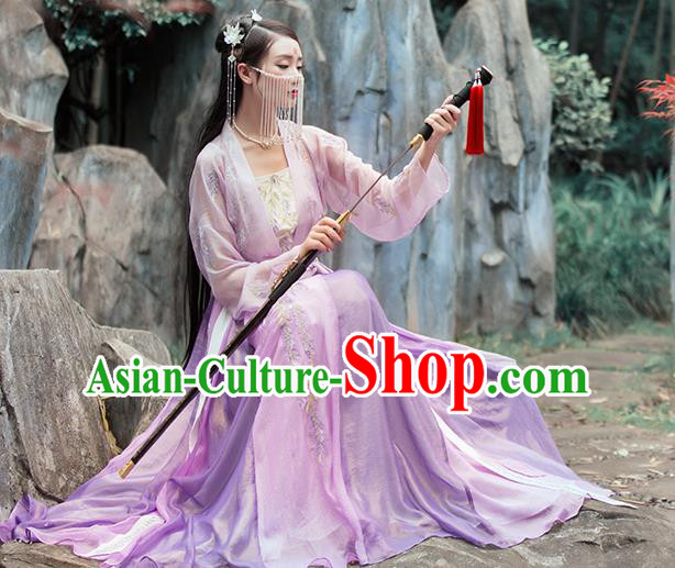 China Ancient Female Swordsman Hanfu Clothing Traditional Ming Dynasty Chivalrous Lady Purple Dress