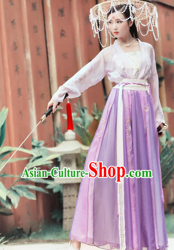 China Ancient Female Swordsman Hanfu Clothing Traditional Ming Dynasty Chivalrous Lady Purple Dress
