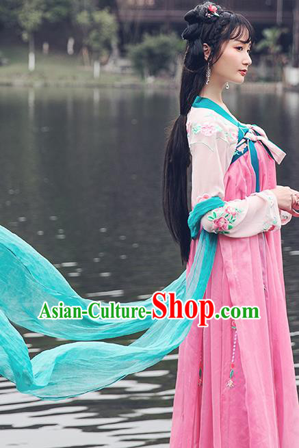 China Traditional Tang Dynasty Palace Lady Pink Hanfu Dress Ancient Young Beauty Costume