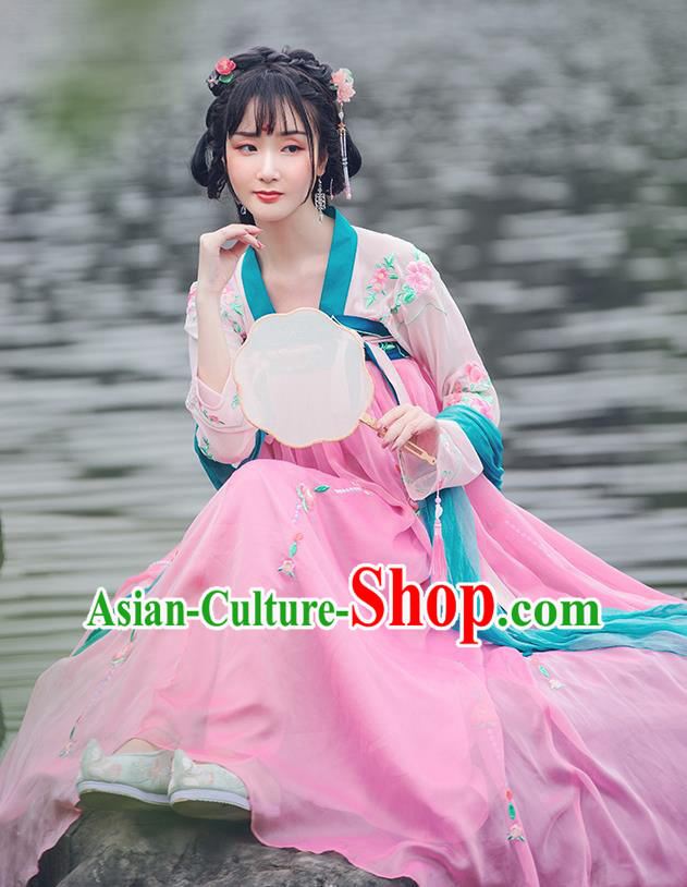 China Traditional Tang Dynasty Palace Lady Pink Hanfu Dress Ancient Young Beauty Costume