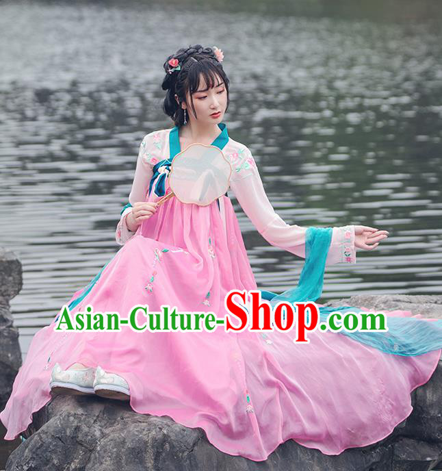China Traditional Tang Dynasty Palace Lady Pink Hanfu Dress Ancient Young Beauty Costume