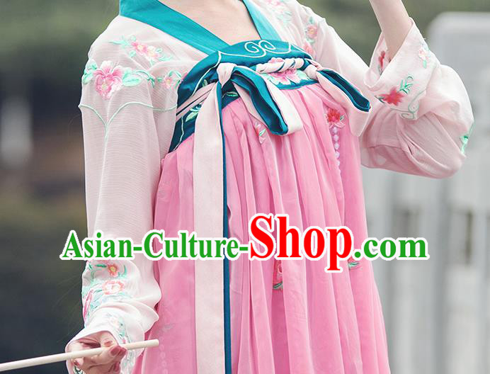 China Traditional Tang Dynasty Palace Lady Pink Hanfu Dress Ancient Young Beauty Costume