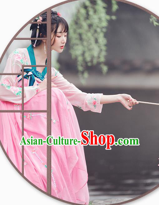 China Traditional Tang Dynasty Palace Lady Pink Hanfu Dress Ancient Young Beauty Costume