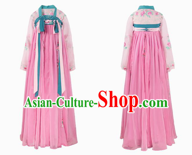 China Traditional Tang Dynasty Palace Lady Pink Hanfu Dress Ancient Young Beauty Costume