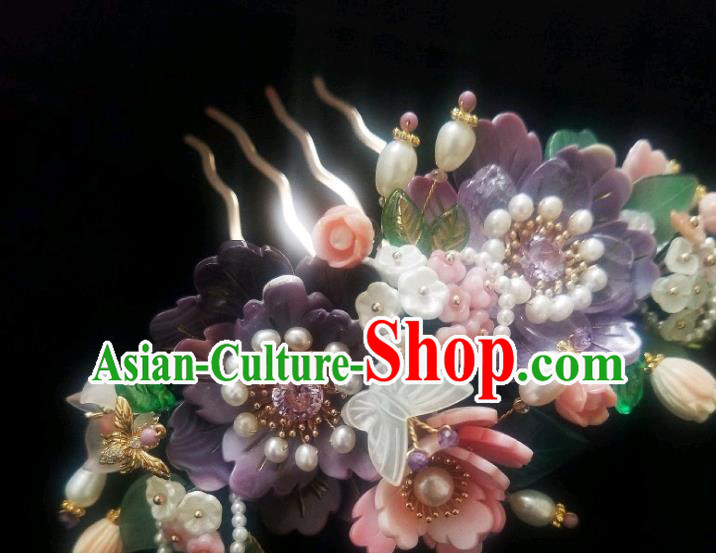 Chinese Handmade Purple Peony Pearls Hairpin Traditional Ming Dynasty Shell Butterfly Hair Comb