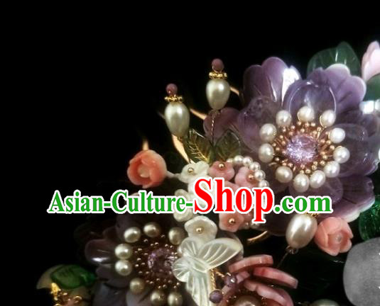 Chinese Handmade Purple Peony Pearls Hairpin Traditional Ming Dynasty Shell Butterfly Hair Comb