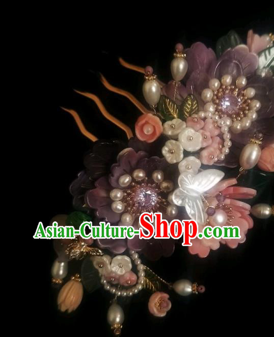 Chinese Handmade Purple Peony Pearls Hairpin Traditional Ming Dynasty Shell Butterfly Hair Comb