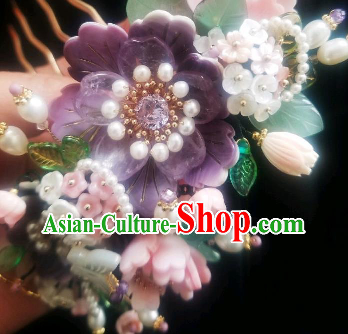 Chinese Handmade Purple Peony Pearls Hairpin Traditional Ming Dynasty Shell Butterfly Hair Comb