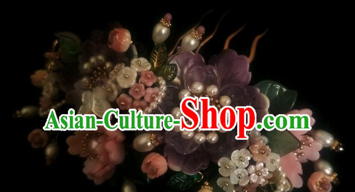 Chinese Handmade Purple Peony Pearls Hairpin Traditional Ming Dynasty Shell Butterfly Hair Comb