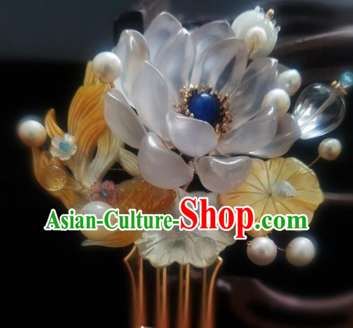 Chinese Handmade Shell Hairpin Traditional Ming Dynasty Lotus Goldfish Hair Comb