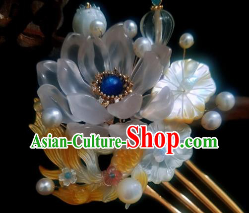 Chinese Handmade Shell Hairpin Traditional Ming Dynasty Lotus Goldfish Hair Comb