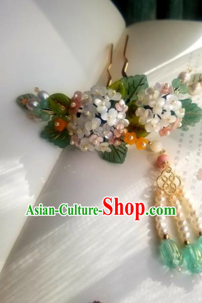 Chinese Handmade Hydrangea Hairpin Traditional Ming Dynasty Princess Pearls Tassel Hair Stick