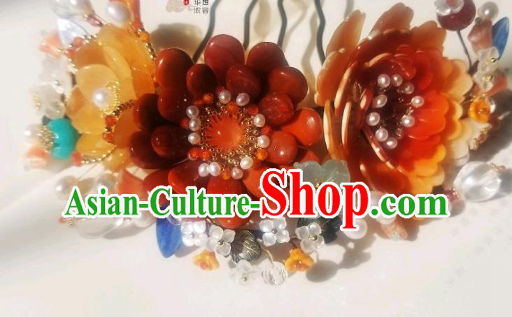 Chinese Handmade Pearls Hair Comb Traditional Ming Dynasty Princess Red Peony Hair Crown