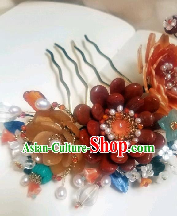 Chinese Handmade Pearls Hair Comb Traditional Ming Dynasty Princess Red Peony Hair Crown