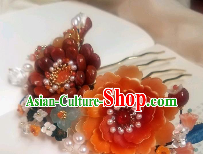 Chinese Handmade Pearls Hair Comb Traditional Ming Dynasty Princess Red Peony Hair Crown