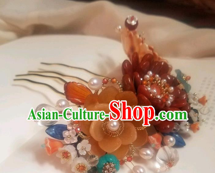 Chinese Handmade Pearls Hair Comb Traditional Ming Dynasty Princess Red Peony Hair Crown