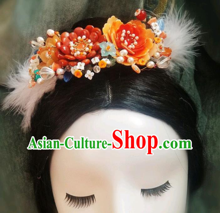 Chinese Handmade Pearls Hair Comb Traditional Ming Dynasty Princess Red Peony Hair Crown