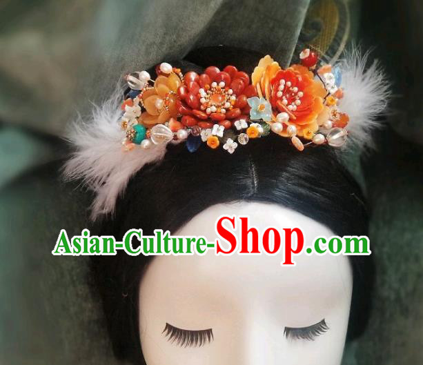Chinese Handmade Pearls Hair Comb Traditional Ming Dynasty Princess Red Peony Hair Crown