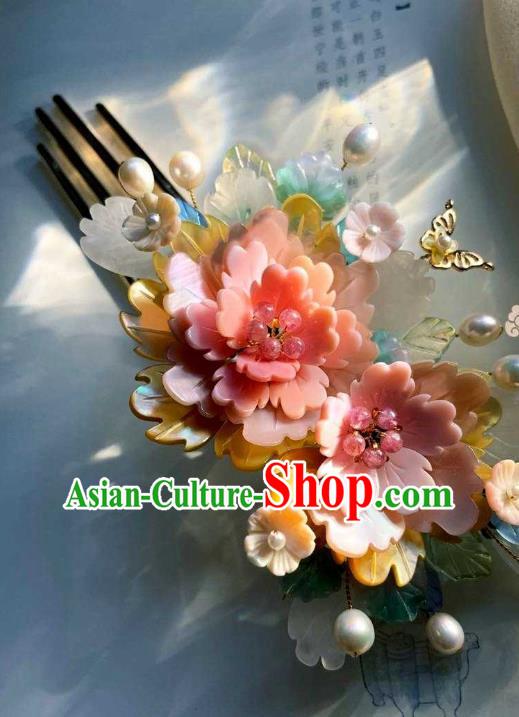Chinese Handmade Shell Hair Stick Traditional Ming Dynasty Princess Pink Peony Hair Comb