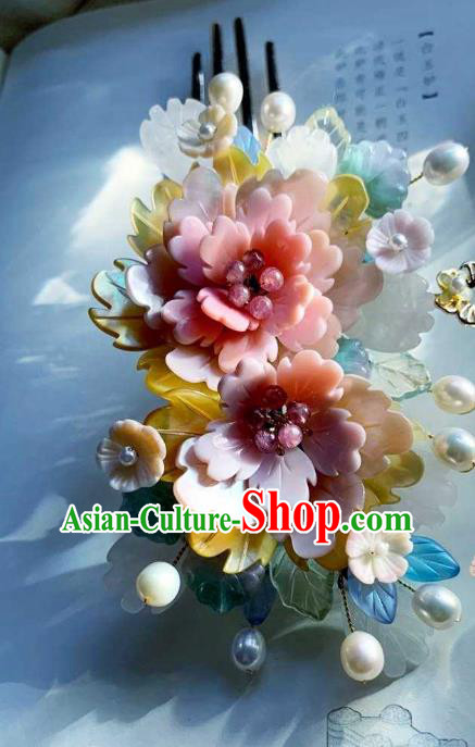 Chinese Handmade Shell Hair Stick Traditional Ming Dynasty Princess Pink Peony Hair Comb