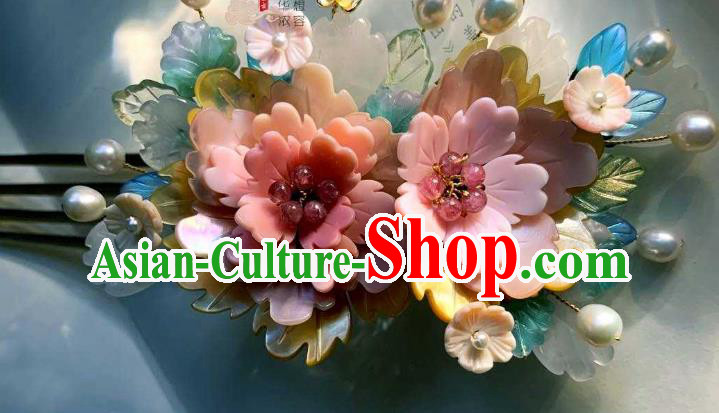 Chinese Handmade Shell Hair Stick Traditional Ming Dynasty Princess Pink Peony Hair Comb