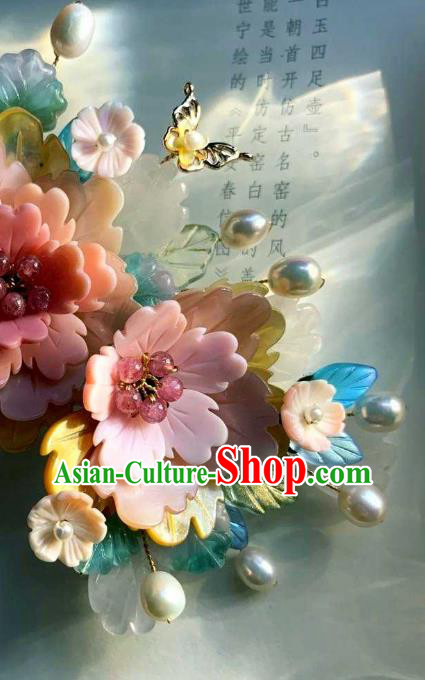Chinese Handmade Shell Hair Stick Traditional Ming Dynasty Princess Pink Peony Hair Comb