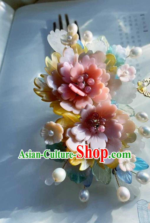 Chinese Handmade Shell Hair Stick Traditional Ming Dynasty Princess Pink Peony Hair Comb