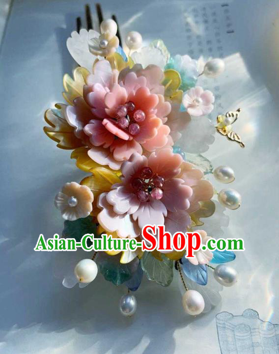 Chinese Handmade Shell Hair Stick Traditional Ming Dynasty Princess Pink Peony Hair Comb