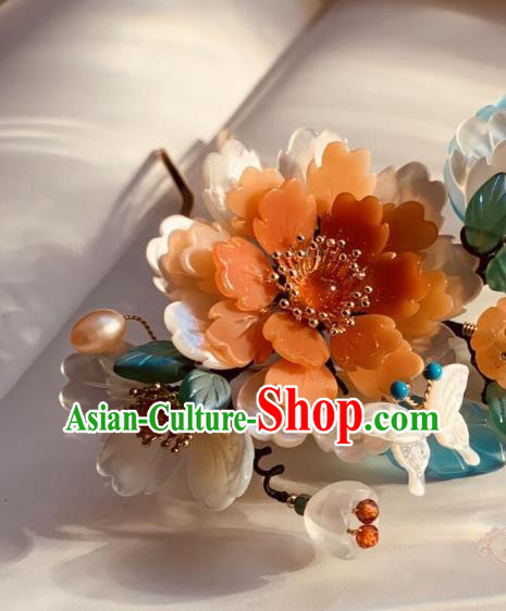 Chinese Handmade Shell Butterfly Hair Stick Traditional Ming Dynasty Princess Red Peony Hairpin