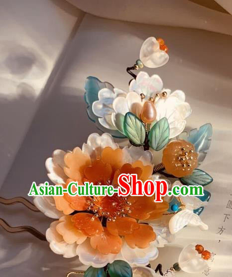 Chinese Handmade Shell Butterfly Hair Stick Traditional Ming Dynasty Princess Red Peony Hairpin