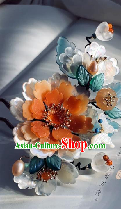 Chinese Handmade Shell Butterfly Hair Stick Traditional Ming Dynasty Princess Red Peony Hairpin