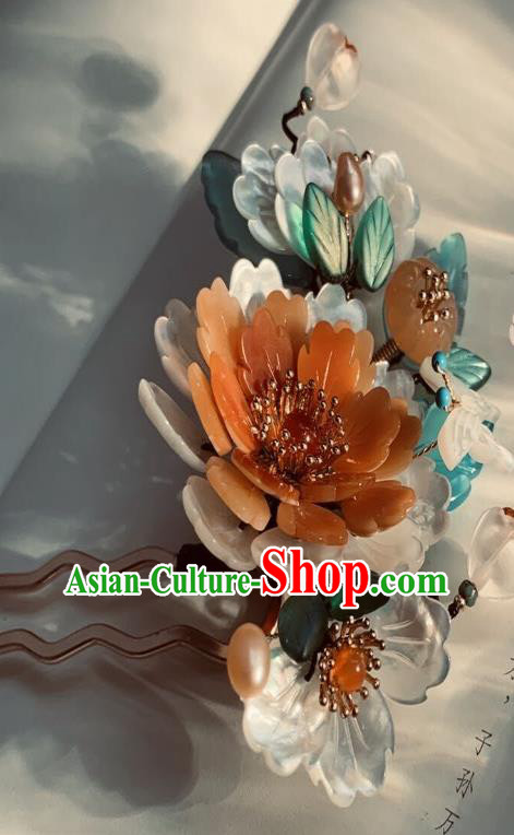 Chinese Handmade Shell Butterfly Hair Stick Traditional Ming Dynasty Princess Red Peony Hairpin