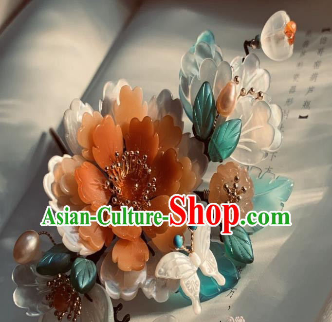 Chinese Handmade Shell Butterfly Hair Stick Traditional Ming Dynasty Princess Red Peony Hairpin