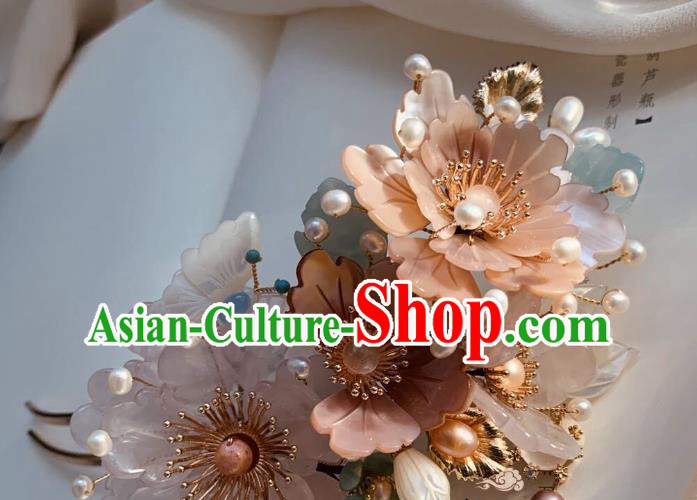 Chinese Handmade Shell Peony Hair Stick Traditional Ming Dynasty Princess Pearls Hairpin