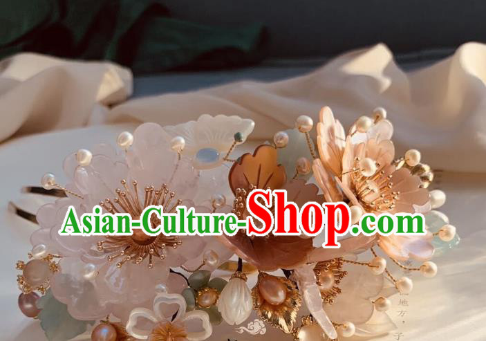 Chinese Handmade Shell Peony Hair Stick Traditional Ming Dynasty Princess Pearls Hairpin