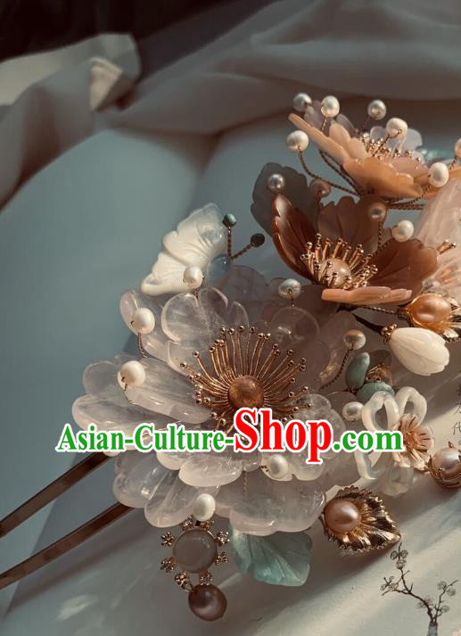 Chinese Handmade Shell Peony Hair Stick Traditional Ming Dynasty Princess Pearls Hairpin