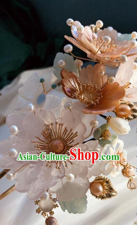 Chinese Handmade Shell Peony Hair Stick Traditional Ming Dynasty Princess Pearls Hairpin