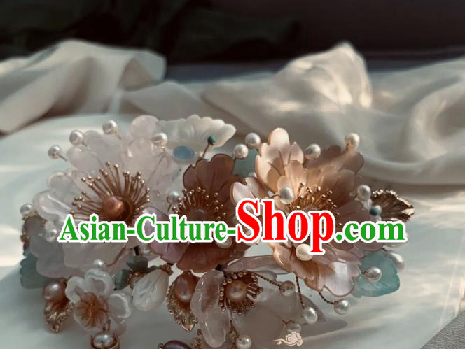 Chinese Handmade Shell Peony Hair Stick Traditional Ming Dynasty Princess Pearls Hairpin