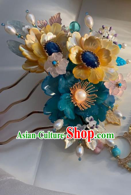 Chinese Handmade Lapis Pearls Hairpin Traditional Ming Dynasty Princess Shell Flowers Tassel Hair Comb