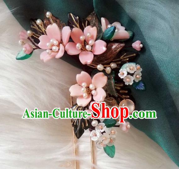 Chinese Handmade Cherry Blossom Hairpin Traditional Ming Dynasty Princess Shell Hair Stick