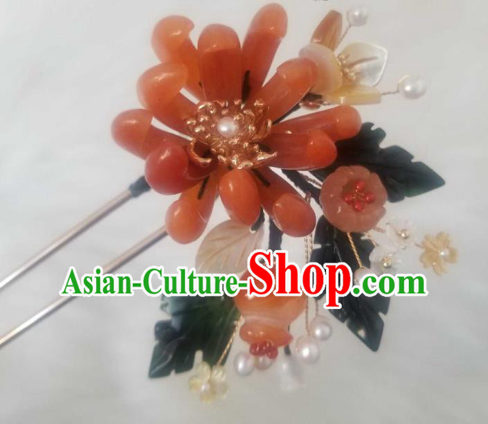 Chinese Handmade Red Chrysanthemum Hairpin Traditional Ming Dynasty Princess Ceregat Pearls Hair Stick