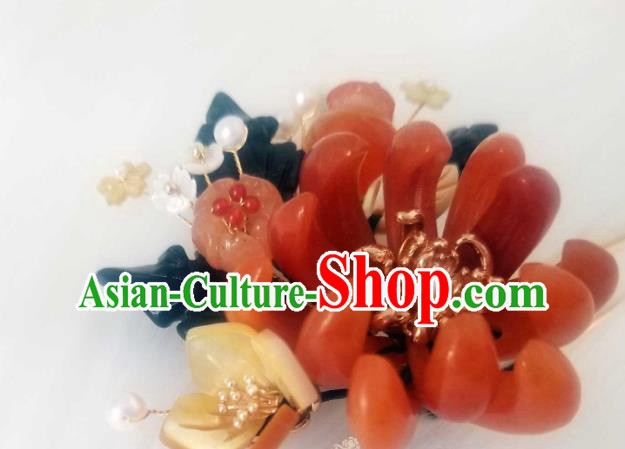 Chinese Handmade Red Chrysanthemum Hairpin Traditional Ming Dynasty Princess Ceregat Pearls Hair Stick
