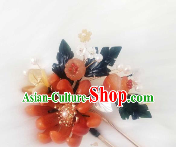 Chinese Handmade Red Chrysanthemum Hairpin Traditional Ming Dynasty Princess Ceregat Pearls Hair Stick